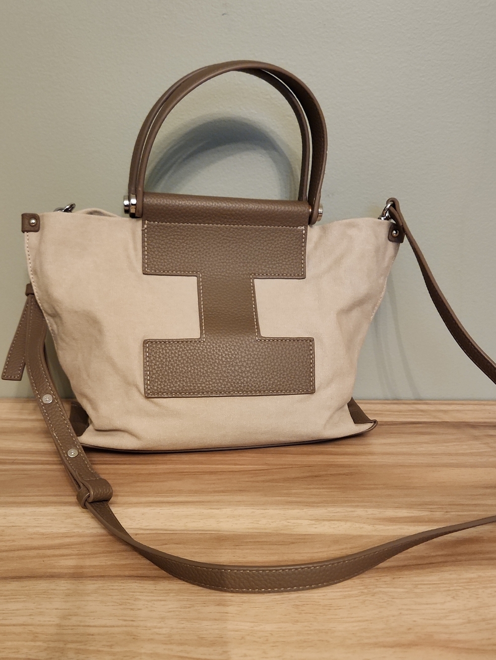 Cream Canvas Shoulder Bag with Taupe Leather Trim